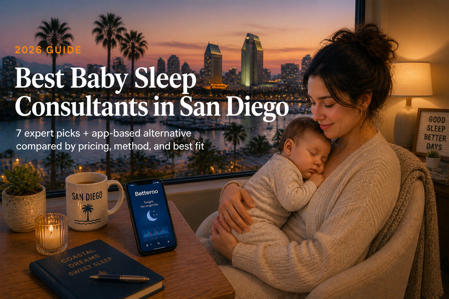 Best baby sleep consultants in San Diego 2026 — mother holding sleeping baby with San Diego skyline view