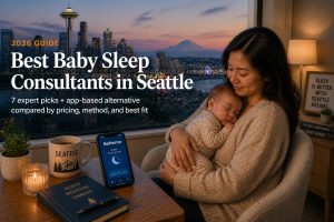 Tired Seattle mom holding sleeping baby with Space Needle and rainy skyline behind, illustrating the best baby sleep consultants in Seattle guide