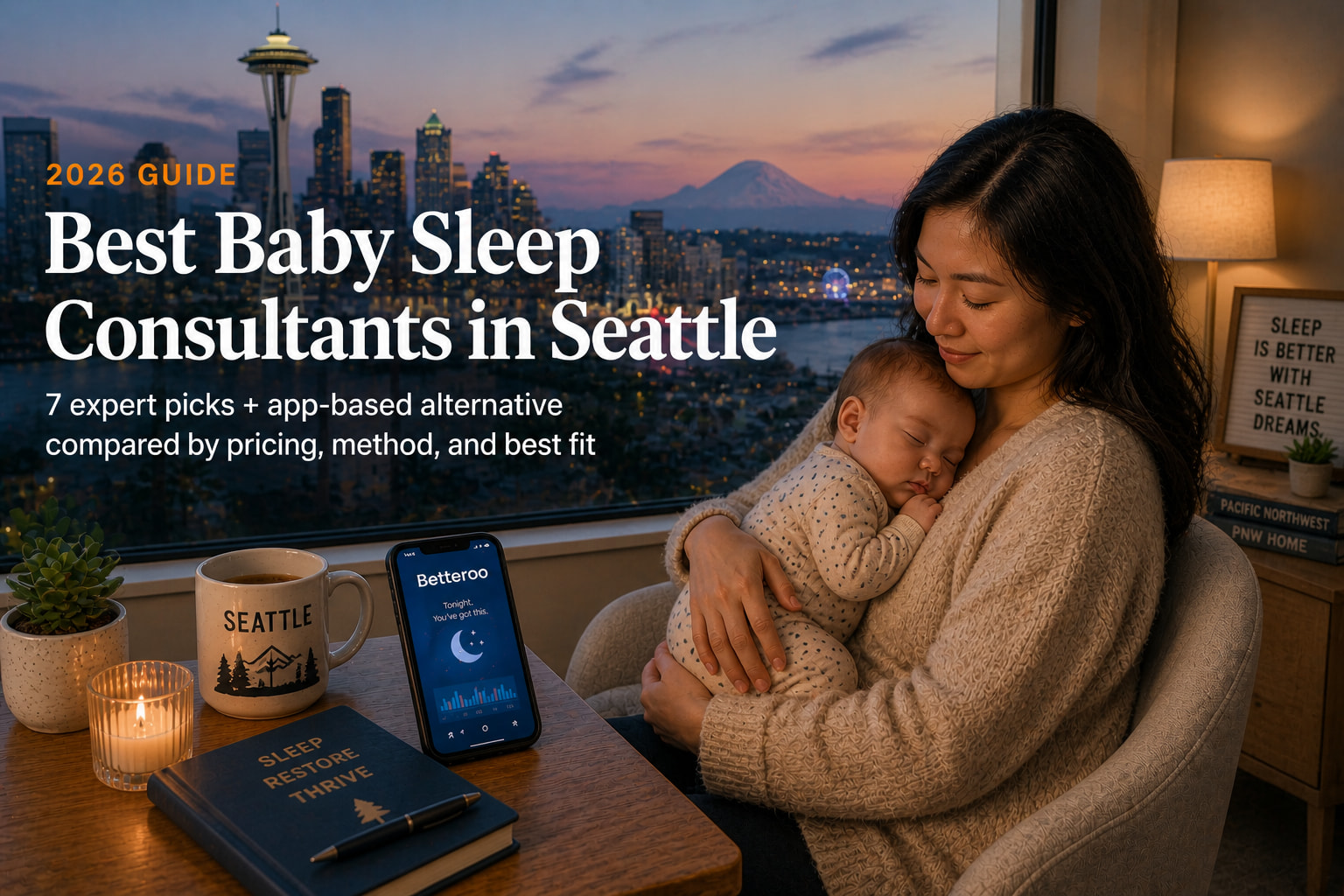Tired Seattle mom holding sleeping baby with Space Needle and rainy skyline behind, illustrating the best baby sleep consultants in Seattle guide