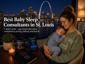 Bestbabysleepconsultantsstlouis | Betteroo Tired parent holding a baby near a window framing the St. Louis Arch, illustrating baby sleep consultants in St. Louis.