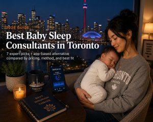 Tired parent settling a baby near a Toronto skyline window, illustrating baby sleep consultants in Toronto.