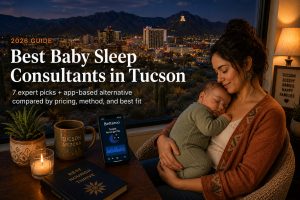 Exhausted Tucson parent comforting a baby at night, illustrating the best baby sleep consultants in Tucson, AZ guide.