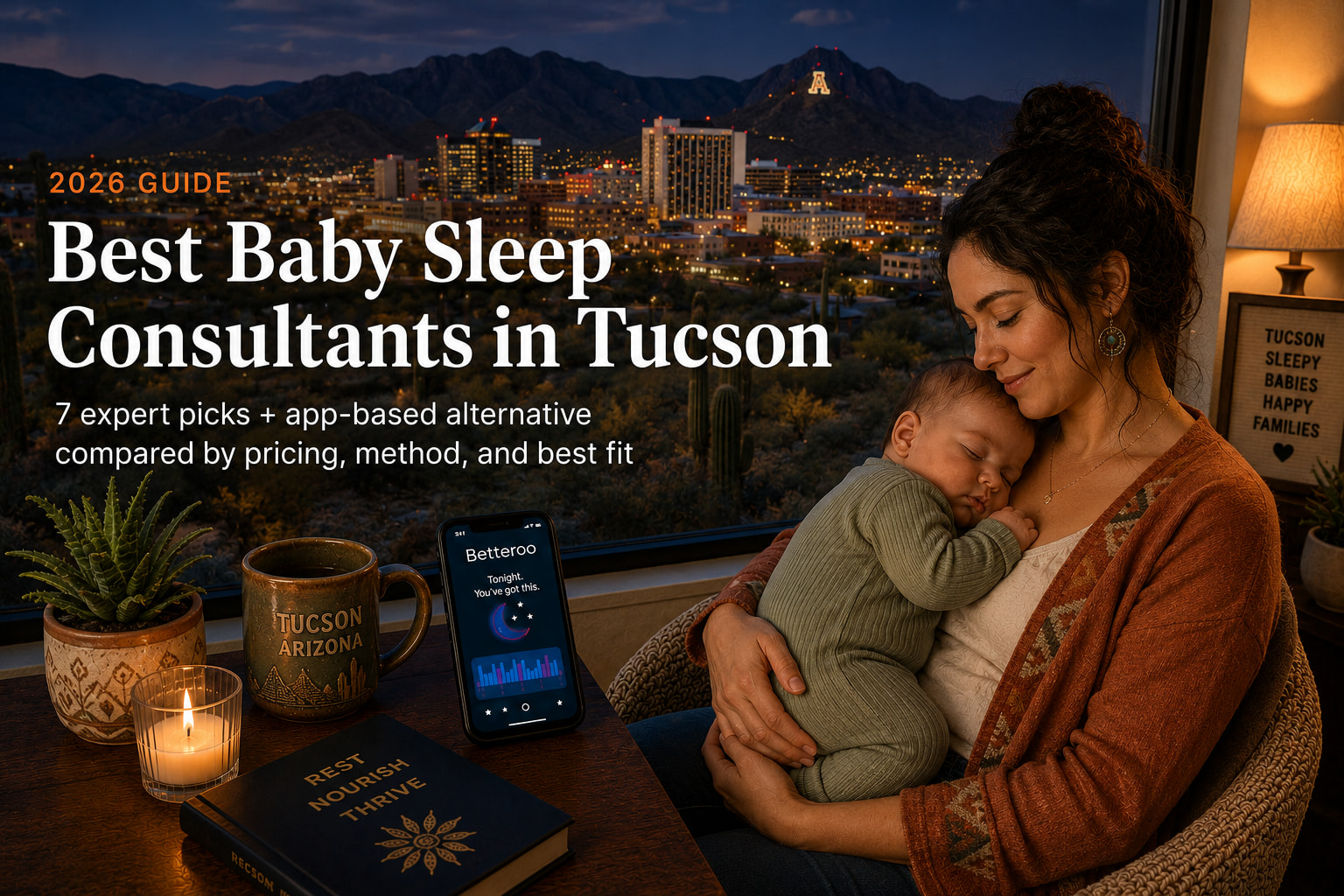 Exhausted Tucson parent comforting a baby at night, illustrating the best baby sleep consultants in Tucson, AZ guide.