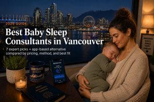 Tired parent soothing a baby in a Vancouver home with mountains and harbour in the background, illustrating baby sleep consultants in Vancouver.