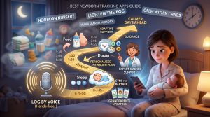 Mother cradling a sleeping newborn as an illustrated infographic about newborn tracking apps appears on the wall above the bed, highlighting features like feed, diaper, sleep, and expert support.