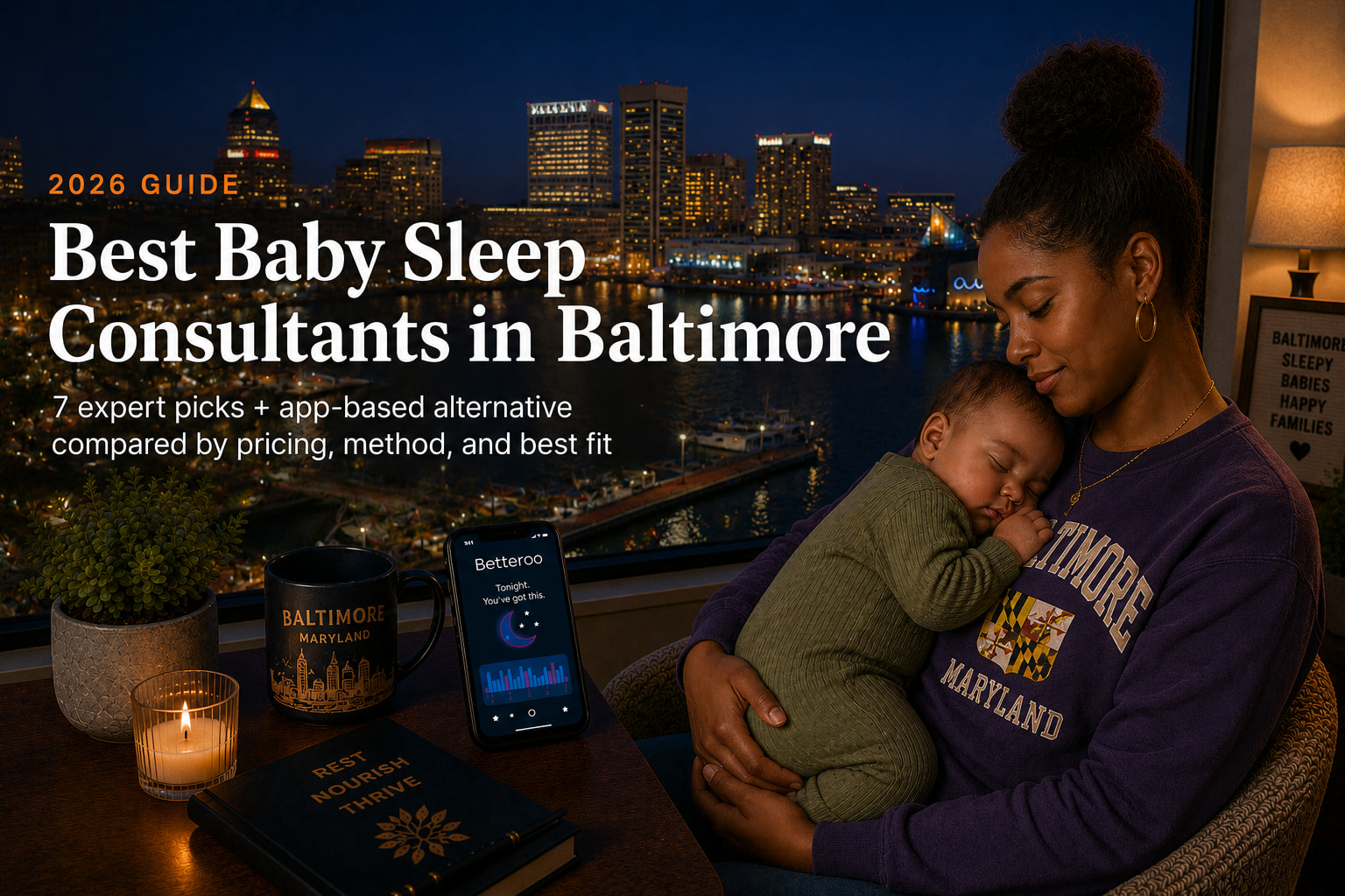 Tired parent rocking a baby in a Baltimore rowhouse nursery near the Inner Harbor, illustrating baby sleep consultants in Baltimore.