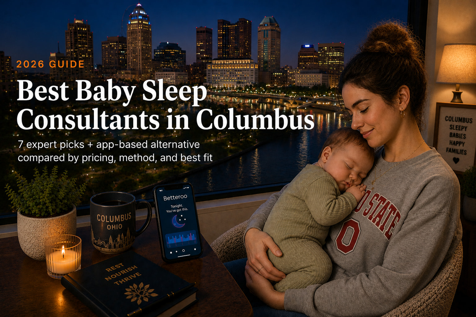 Tired parent holding a sleeping baby near a downtown Columbus window, illustrating baby sleep consultants in Columbus.