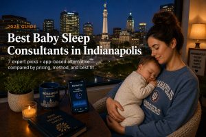 Tired parent rocking a baby to sleep near a downtown Indianapolis window, illustrating baby sleep consultants in Indianapolis.