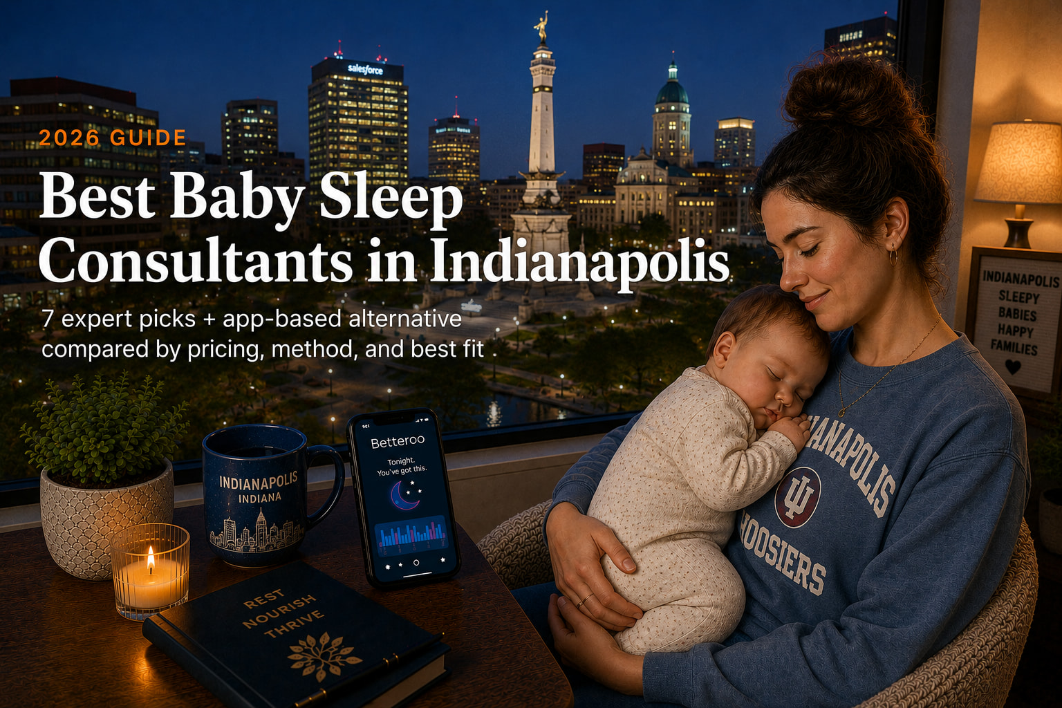 Tired parent rocking a baby to sleep near a downtown Indianapolis window, illustrating baby sleep consultants in Indianapolis.
