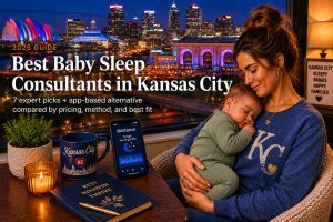 Tired parent comforting a baby near a downtown Kansas City window, illustrating baby sleep consultants in Kansas City