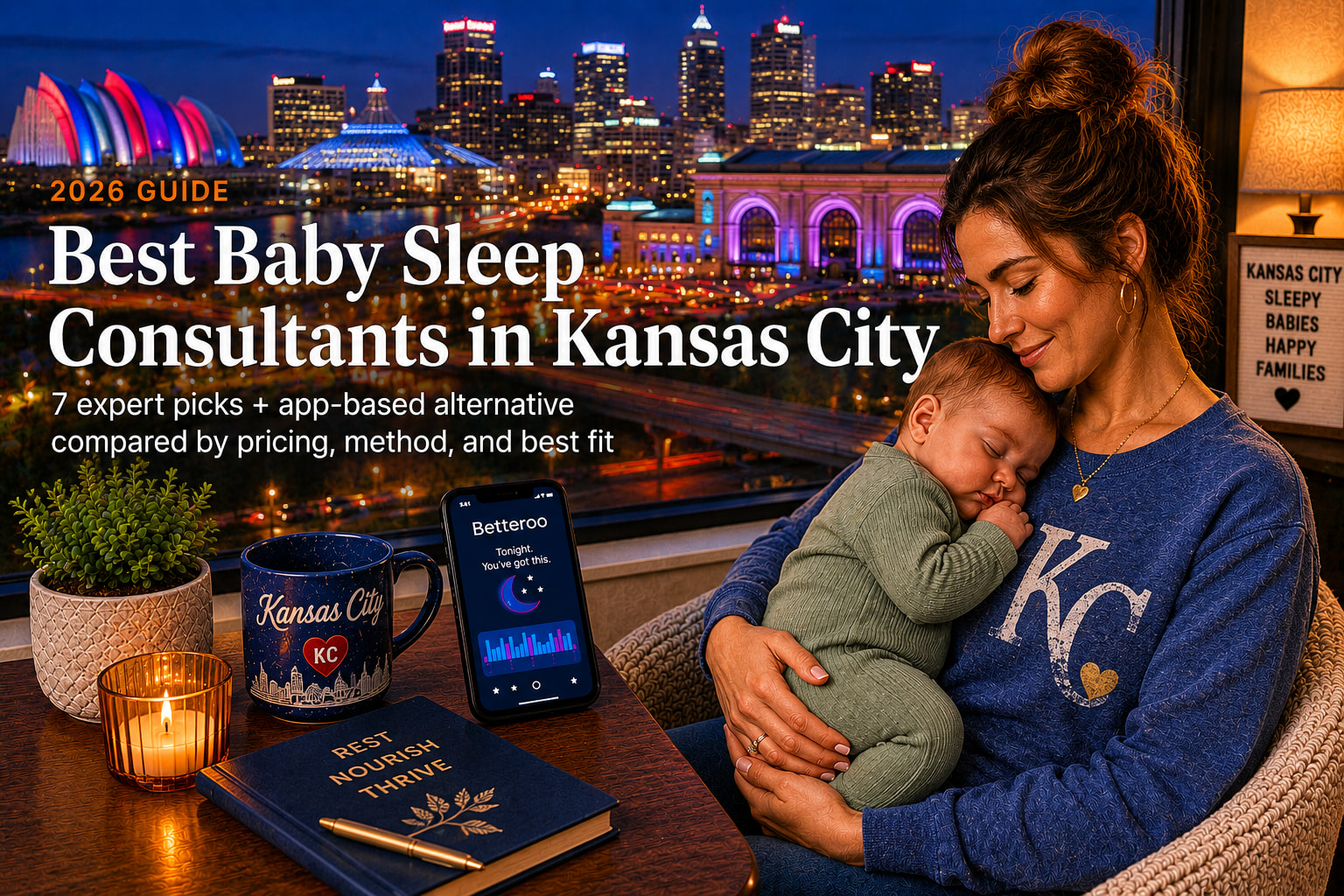 Tired parent comforting a baby near a downtown Kansas City window, illustrating baby sleep consultants in Kansas City