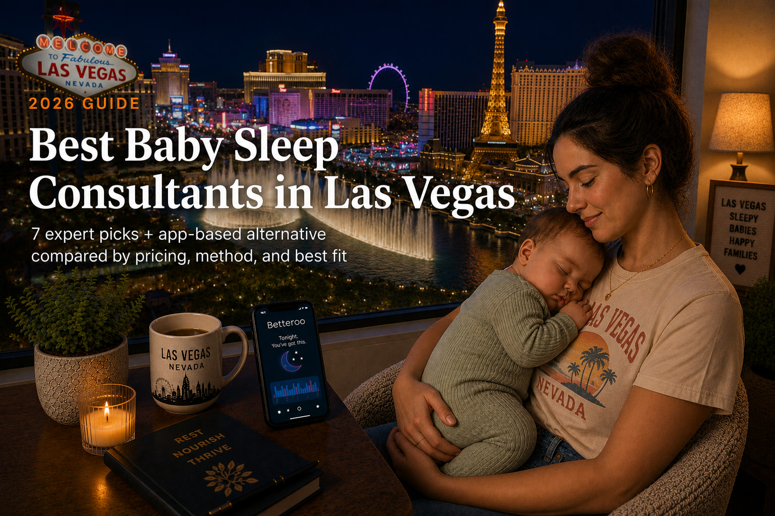 Bestsleepconsultantslasvegas | Betteroo Tired parent comforting a baby with the Las Vegas Strip beyond the window, illustrating baby sleep consultants in Las Vegas.