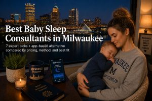 Bestsleepconsultantsmilwaukee | Betteroo Tired parent soothing a baby with the Milwaukee lakefront skyline outside, illustrating baby sleep consultants in Milwaukee.