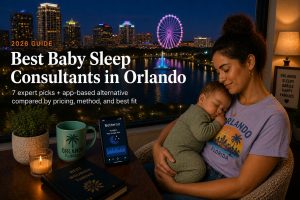 Bestsleepconsultantsorlando | Betteroo Tired parent soothing a baby in a palm-lined Central Florida nursery, illustrating baby sleep consultants in Orlando.