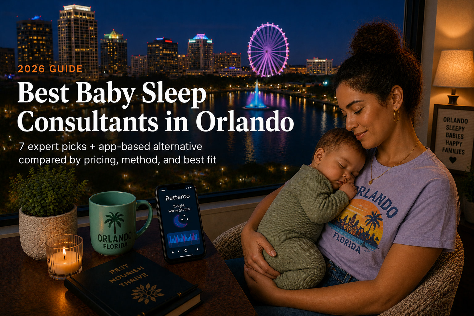 Tired parent soothing a baby in a palm-lined Central Florida nursery, illustrating baby sleep consultants in Orlando.