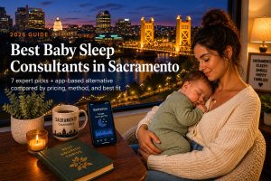 Exhausted parent soothing a baby near the Sacramento Tower Bridge at night, illustrating baby sleep consultants in Sacramento.