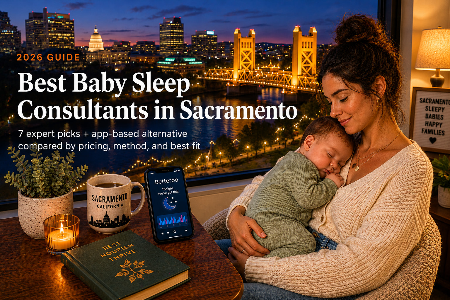 Exhausted parent soothing a baby near the Sacramento Tower Bridge at night, illustrating baby sleep consultants in Sacramento.
