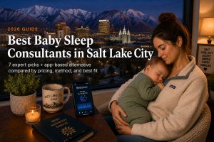 Bestsleepconsultantssaltlakecity | Betteroo Tired parent holding a baby by a window framing the Wasatch Mountains, illustrating baby sleep consultants in Salt Lake City.