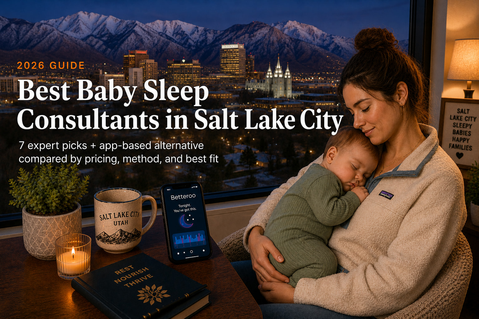 Tired parent holding a baby by a window framing the Wasatch Mountains, illustrating baby sleep consultants in Salt Lake City.