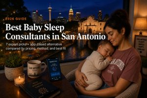 Tired parent settling a baby beside the San Antonio River Walk, illustrating baby sleep consultants in San Antonio.