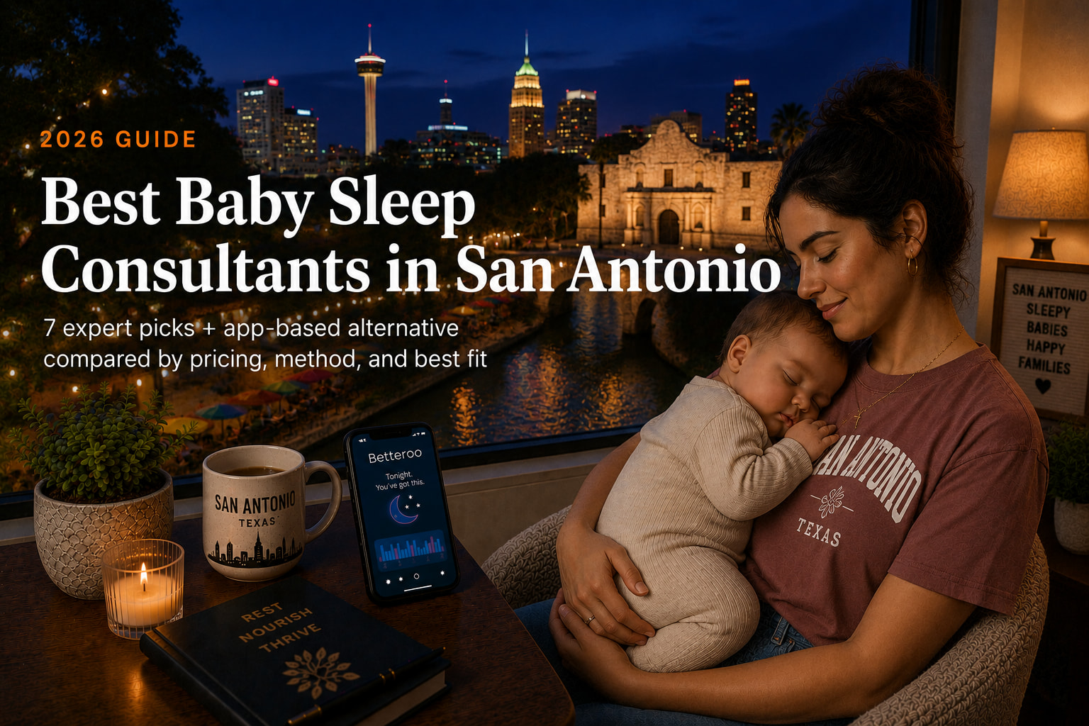 Tired parent settling a baby beside the San Antonio River Walk, illustrating baby sleep consultants in San Antonio.