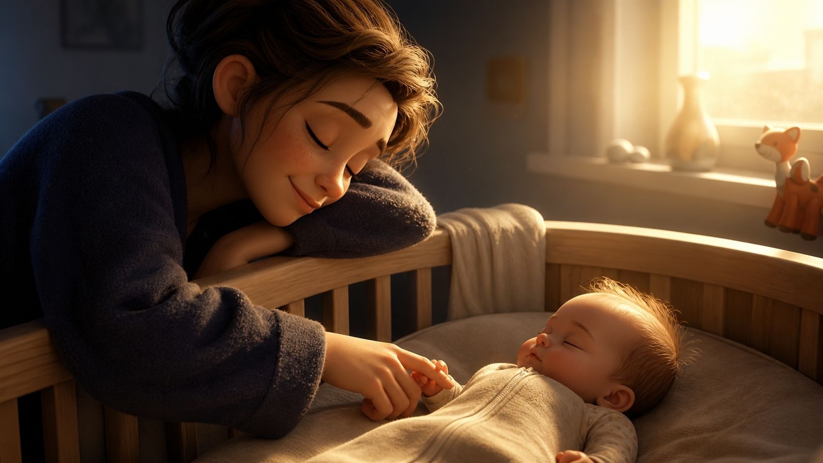 Pixar-style illustration of a tired parent leaning on a crib at first light, eyes closed in a small exhausted smile, while their baby sleeps peacefully with a tiny hand resting on the parent's finger - the calm reality the 31-day plans never show.
