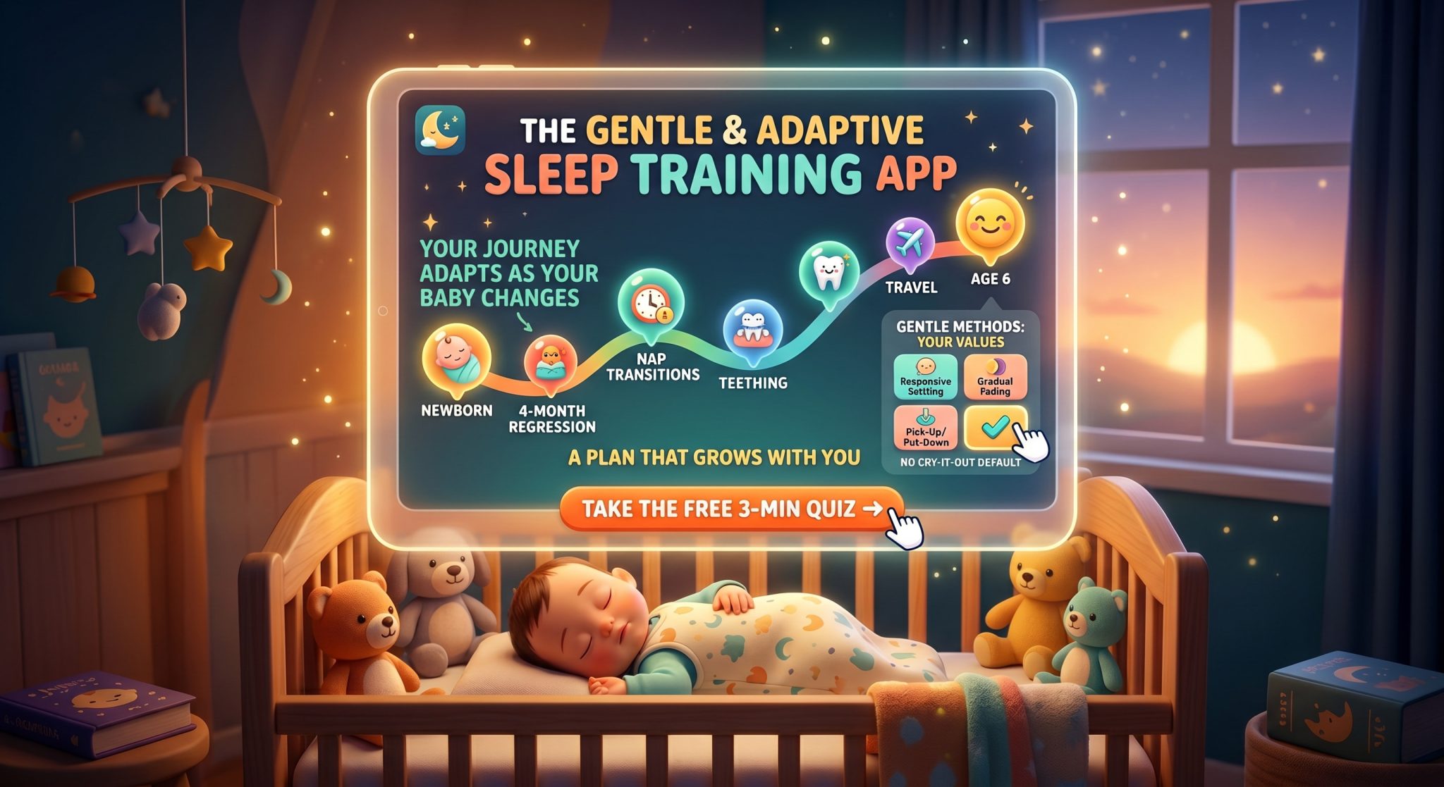 A gentle, adaptive baby sleep training app shown beside a parent calmly settling their baby without cry-it-out