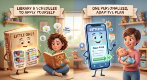 Little Ones vs Betteroo comparison: a parent with the Little Ones sleep library beside the Betteroo app showing a personalized, adaptive daily plan