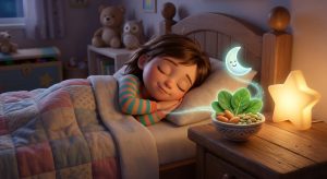Magnesiumforkids | Betteroo A child sleeps peacefully beside a bowl of almonds, pumpkin seeds and spinach, foods rich in magnesium for kids.