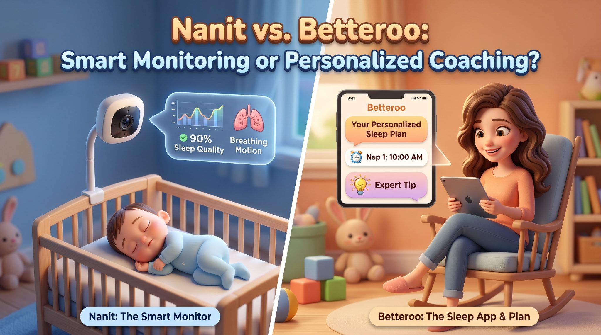Nanit vs Betteroo comparison — a Nanit smart video baby monitor shown beside Betteroo's adaptive personalized sleep plan app
