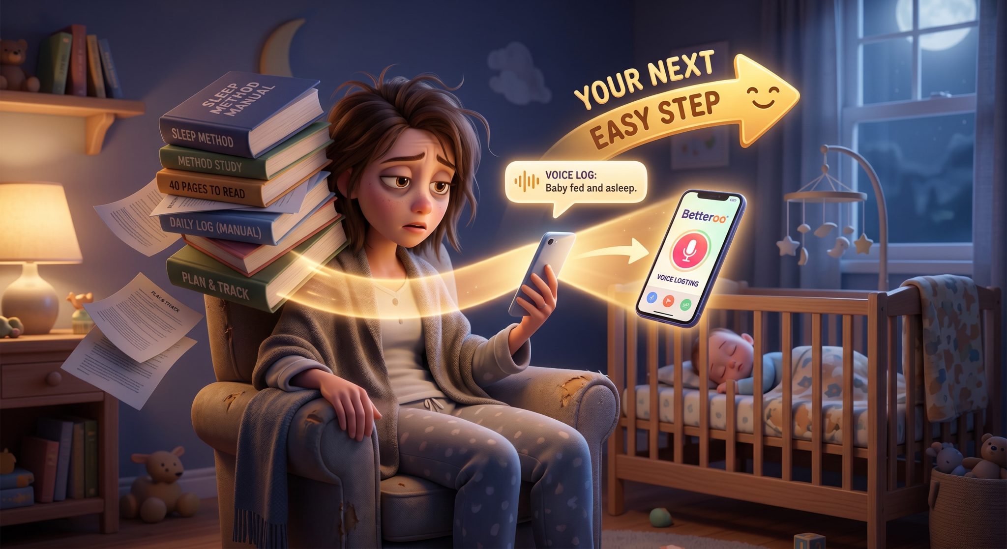 A sleep training app for exhausted parents showing a simple, low-effort personalized sleep plan with one clear next step