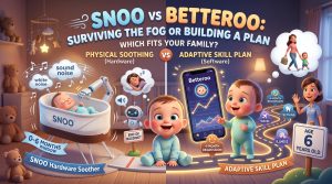 A SNOO smart bassinet beside a phone showing the Betteroo sleep app, comparing a hardware soother with a personalized plan