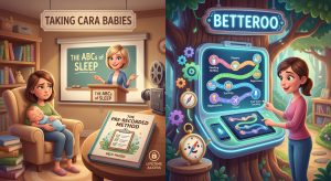Tired parent comparing the Taking Cara Babies sleep course and the Betteroo app on a phone in a softly lit nursery