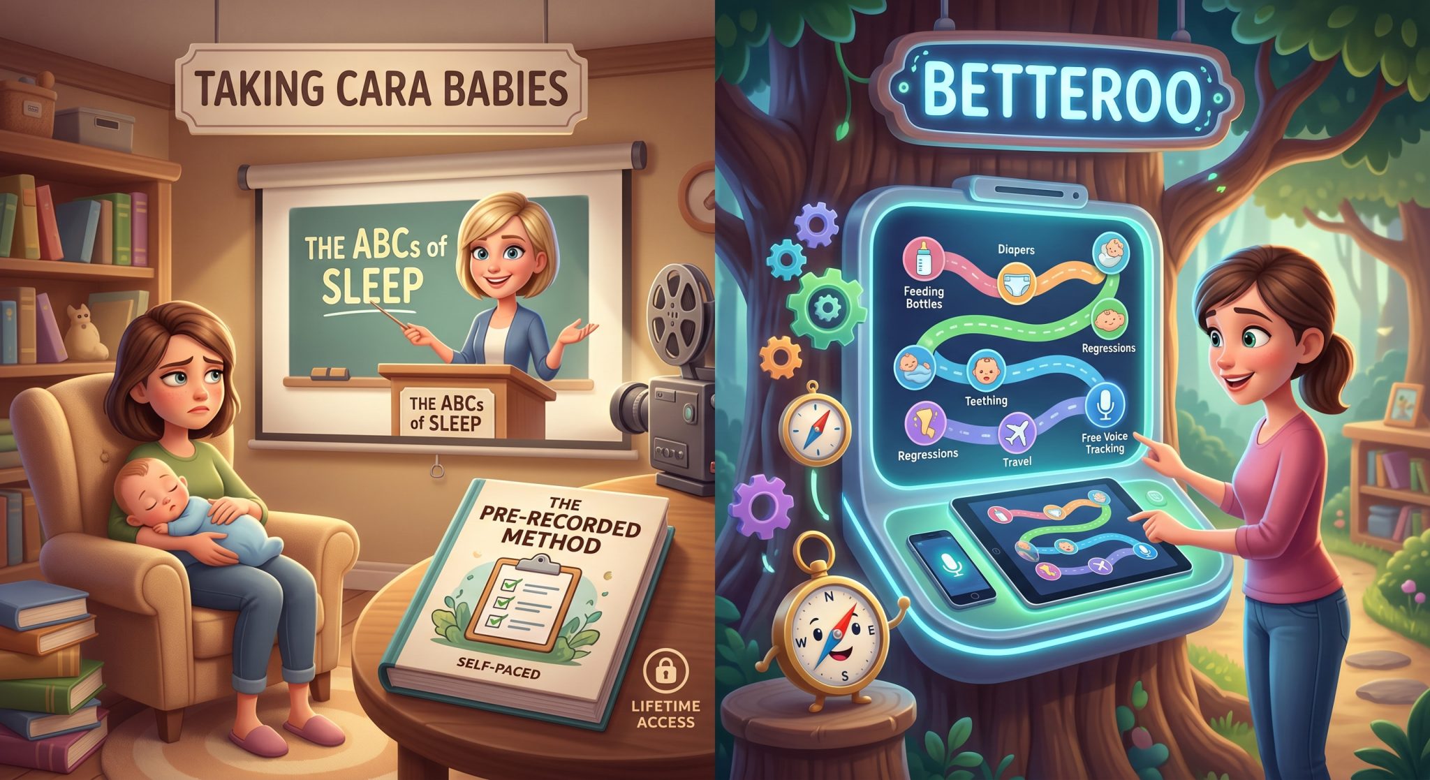Tired parent comparing the Taking Cara Babies sleep course and the Betteroo app on a phone in a softly lit nursery