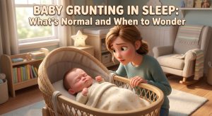Newborn grunting and squirming in sleep in bassinet while parent watches