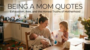 A mom holding her child close at the end of a long day, illustrating honest being a mom quotes.