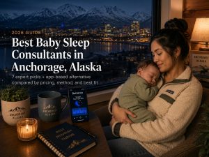 Mother in a cream fleece holds a sleeping baby beside a table with Anchorage, Alaska mugs, a smartphone, and a candle, with the city lights and mountains in the background and a headline reading 'Best Baby Sleep Consultants in Anchorage, Alaska'