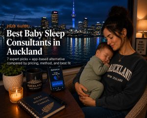Tired parent settling a baby beside an Auckland harbour window with the Sky Tower beyond, illustrating baby sleep consultants in Auckland.