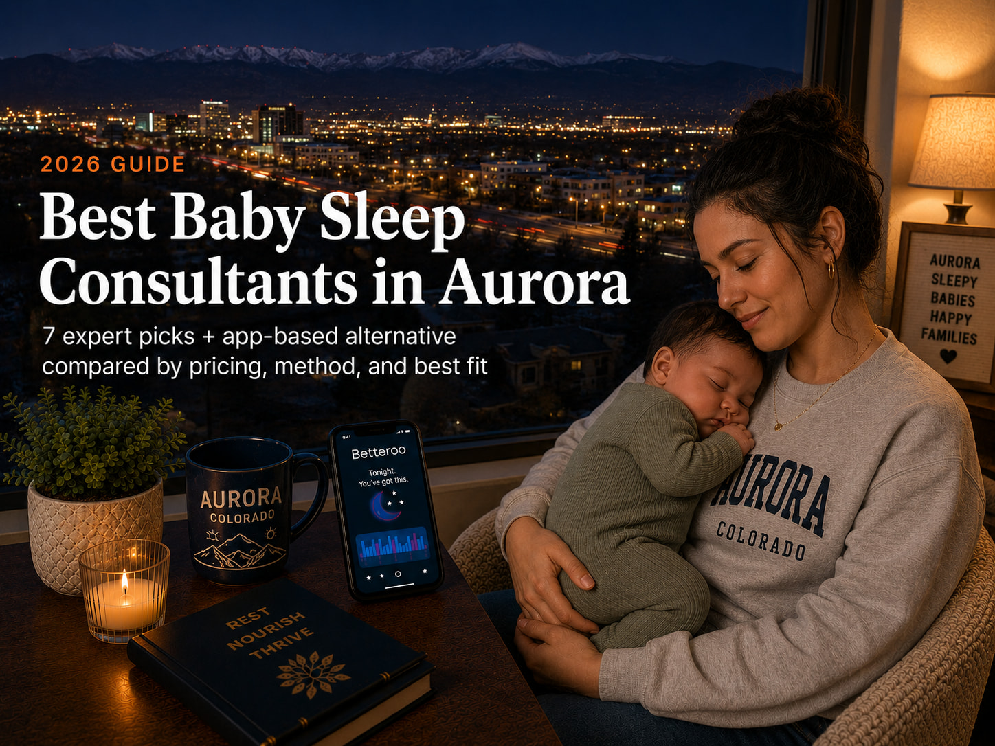 Bestbabysleepconsultantsaurora | Betteroo Tired parent soothing a baby in a nursery with the Aurora and east Denver metro skyline beyond, illustrating baby sleep consultants in Aurora.