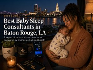 A woman cuddles a sleeping baby by a window with the Baton Rouge skyline at night; text on image reads 'Best Baby Sleep Consultants in Baton Rouge, LA'.