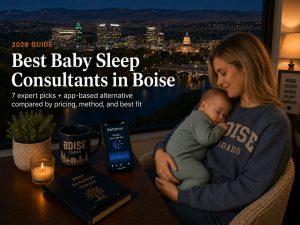 Mother cradling a sleeping baby beside a desk, with Boise skyline at night and the headline 'Best Baby Sleep Consultants in Boise' across the image.
