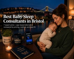 Tired parent comforting a baby in a Bristol home overlooking the Clifton Suspension Bridge, illustrating baby sleep consultants in Bristol.