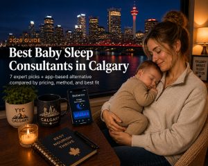 Bestbabysleepconsultantscalgary | Betteroo Tired parent settling a baby with the Calgary Tower and Rocky Mountain foothills outside the window, illustrating baby sleep consultants in Calgary.