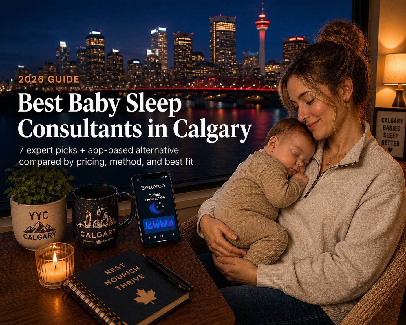Tired parent settling a baby with the Calgary Tower and Rocky Mountain foothills outside the window, illustrating baby sleep consultants in Calgary.
