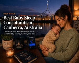 Sleeping baby in a Canberra, Australia nursery with eucalypt-shaded morning light through the window, baby sleep consultant scene