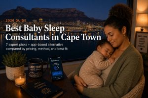 Sleeping baby in a Cape Town nursery with Table Mountain visible through the window at golden hour, baby sleep consultant scene