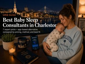 Mother cradling a sleeping baby on her lap beside a window overlooking Charleston at night; large headline reads 'Best Baby Sleep Consultants in Charleston'.