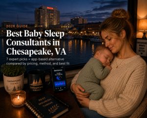 Tired parent soothing a baby in a Chesapeake nursery near the Greenbrier area, illustrating baby sleep consultants in Chesapeake.