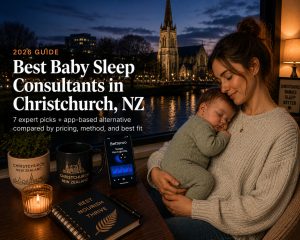 Sleeping baby in a Christchurch, New Zealand nursery with the Port Hills out the window at sunrise, baby sleep consultant scene