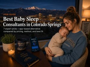 Mother in a blue sweatshirt cradling a sleeping baby by a window with a nighttime city skyline; cover image for 'Best Baby Sleep Consultants in Colorado Springs' article.